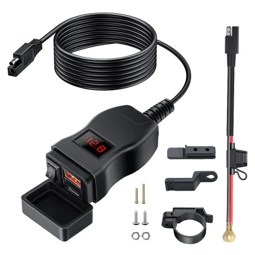오토바이 급속 핸드폰 USB 충전기 방수 12V 레드 전압 디지털 디스플레이 PD+QC 3.0 포트 스위치 포함, 1개