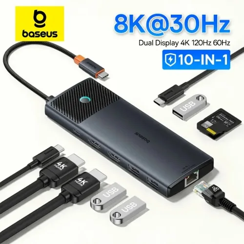 베이스어스 USB C 허브 듀얼 HDMI 8K 4K 어댑터 10-in-1 3.2 10Gbps 분배기 RJ45 SD TF 타입 PD 100W 맥북 프로 에어 허브용