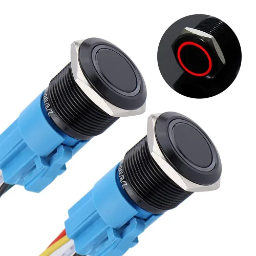 2pcs 19mm 금속 방수 래칭 푸시 버튼 스위치 12V~24V 붉은 할로 LED 5핀 소켓 포함, 2개