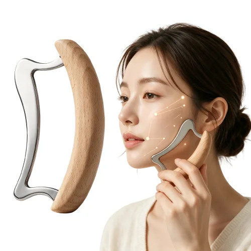 스테인리스 괄사 원목 손잡이 얼굴 괄사 근육 릴렉스 전신용 마사지 도구, silver+natural wood, 1개