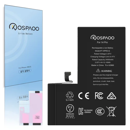 For iPhone 14 Pro 배터리 대용량3400mAh 증가 폭6.3% A2866배터리 교체 동영상 한국어 설명서 KC인증 Li-ion Battery (No Tool), 1개, iPhone 14 Pro 대용량 배터리，분해 도구 없음