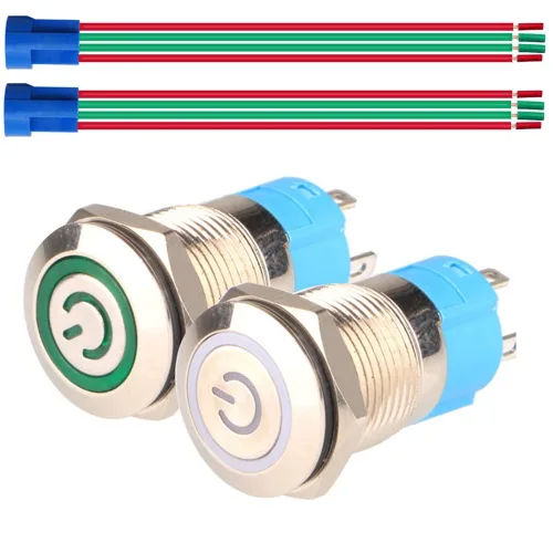 12mm 스테인리스 자동잠금 래칭 푸시 버튼 스위치 12V~24V 3A SPST 선 소켓 플러그 포함 ON/OFF 토글 스위치, 2개