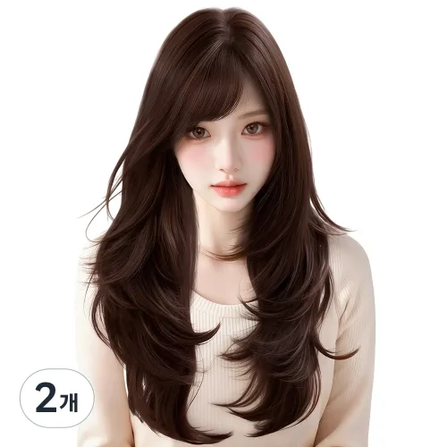 여성 롱 숙녀 긴 곱슬 가발 긴 65cm 통가발 세트, 2개, 초콜릿 브라운