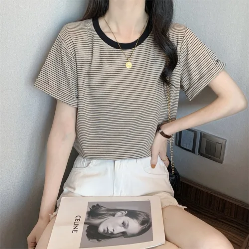 BROWMODA 여성 캐주얼 심플 스트레이트 반팔티 루즈핏 경량 상의 반팔 티셔츠