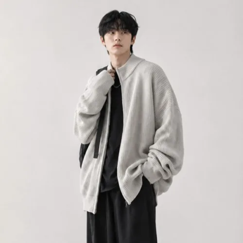 플로우폼 남성용 루즈핏 하이넥 니트 집업 가디건