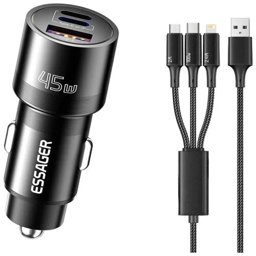 Essager 45W 3포트 듀얼 C타입+USB A타입 차량용 시거잭 자동차 고속 충전기 3-1 100W C타입 고속 충전 케이블 보함, 블랙, ECCPQ-XY01-P+EXCMTL-JJ01-P