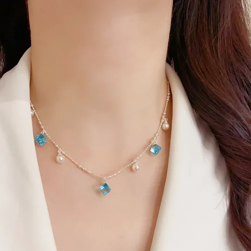 여성 패션 블루 스퀘어 큐빅 목걸이 - 두꺼운 14K 금도금