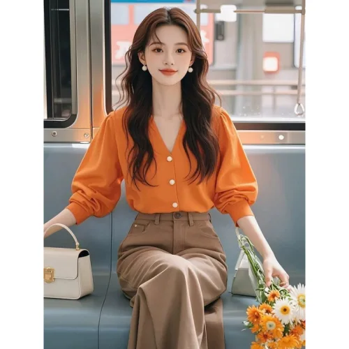 유니픽 여성 봄여름 순면 V넥 긴팔 블라우스 심플 디자인 단추 스타일ddn