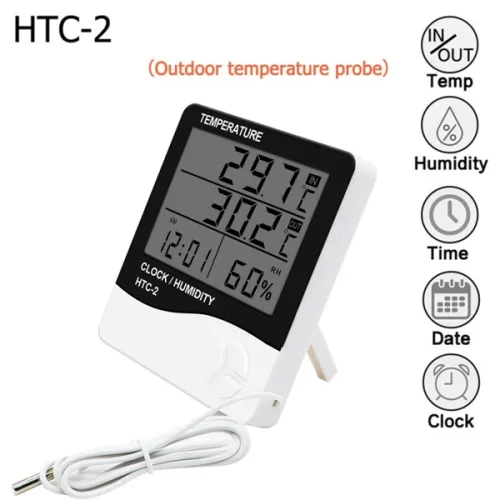LCD 전자 디지털 온도 습도계 온도계 습도계 실내외 기상 관측소 시계 HTC-1 HTC-2