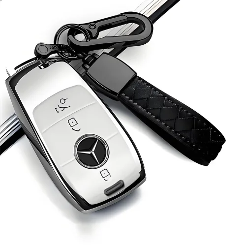MODACE 벤츠 호환 자동차 스마트키 케이스 TPU Benz 키홀더 + 가죽 메탈 키링, 와 양가죽 키링, 실버 화이트