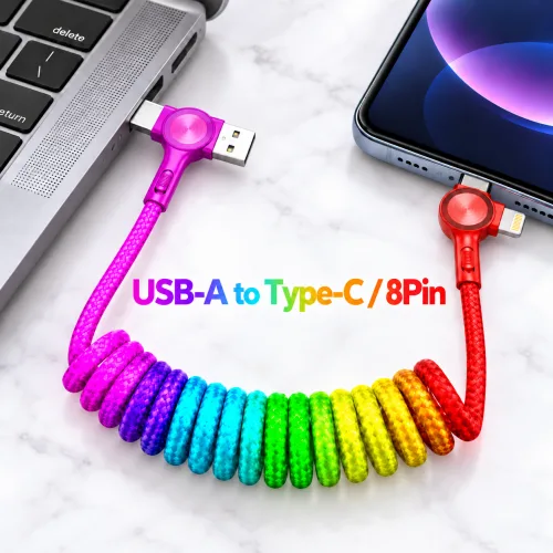 모와다온 컬러 초고속 3인1 USB 8pin C타입 스프링 충전 케이블, 1개, 혼합컬러, 15cm