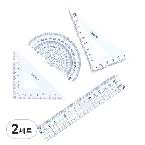 델리 탄성 삼각자 2종 + 각도기 + 자 15cm 세트, 블루, 2세트
