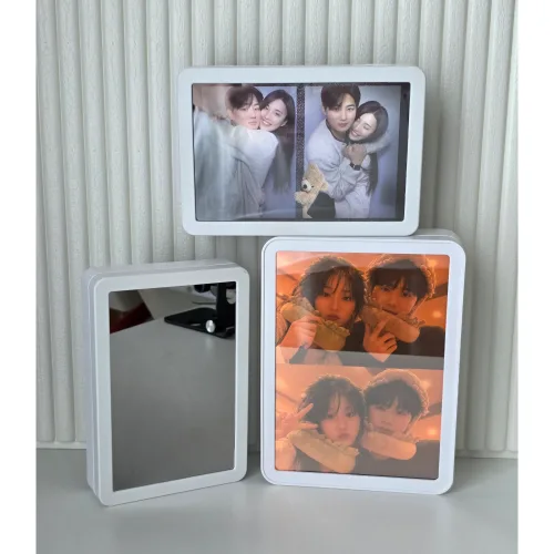 포토 거울 액자 주문제작 LED 조명 무드등 기념일 남친 여친 선물 반려동물 우정템, 1개, 큰 라운드