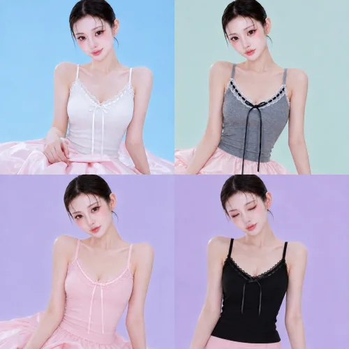 4컬러 4장세트 xxs 여성 레이스 리본 캡내장 골지 크롭 나시 나시세트